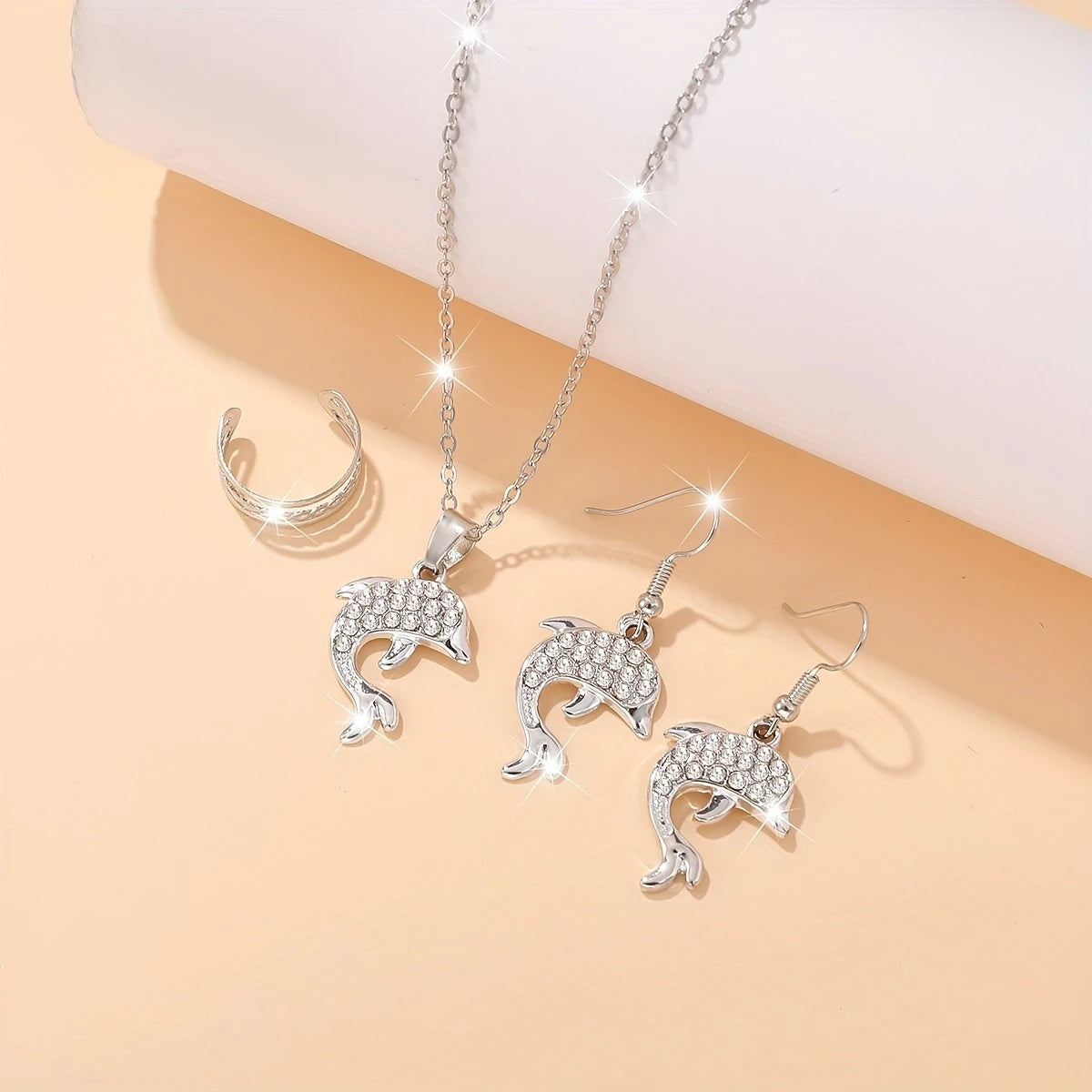 Silverfärgat Smyckeset med Delfiner – Halsband, Örhängen & Ring