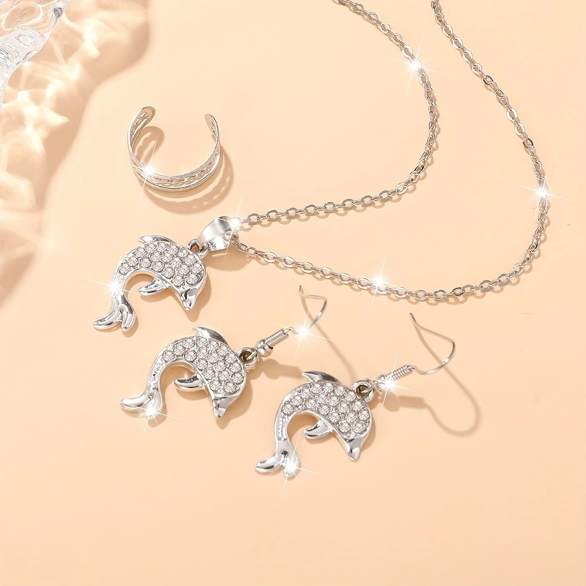 Silverfärgat Smyckeset med Delfiner – Halsband, Örhängen & Ring