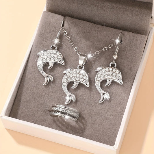 Silverfärgat Smyckeset med Delfiner – Halsband, Örhängen & Ring