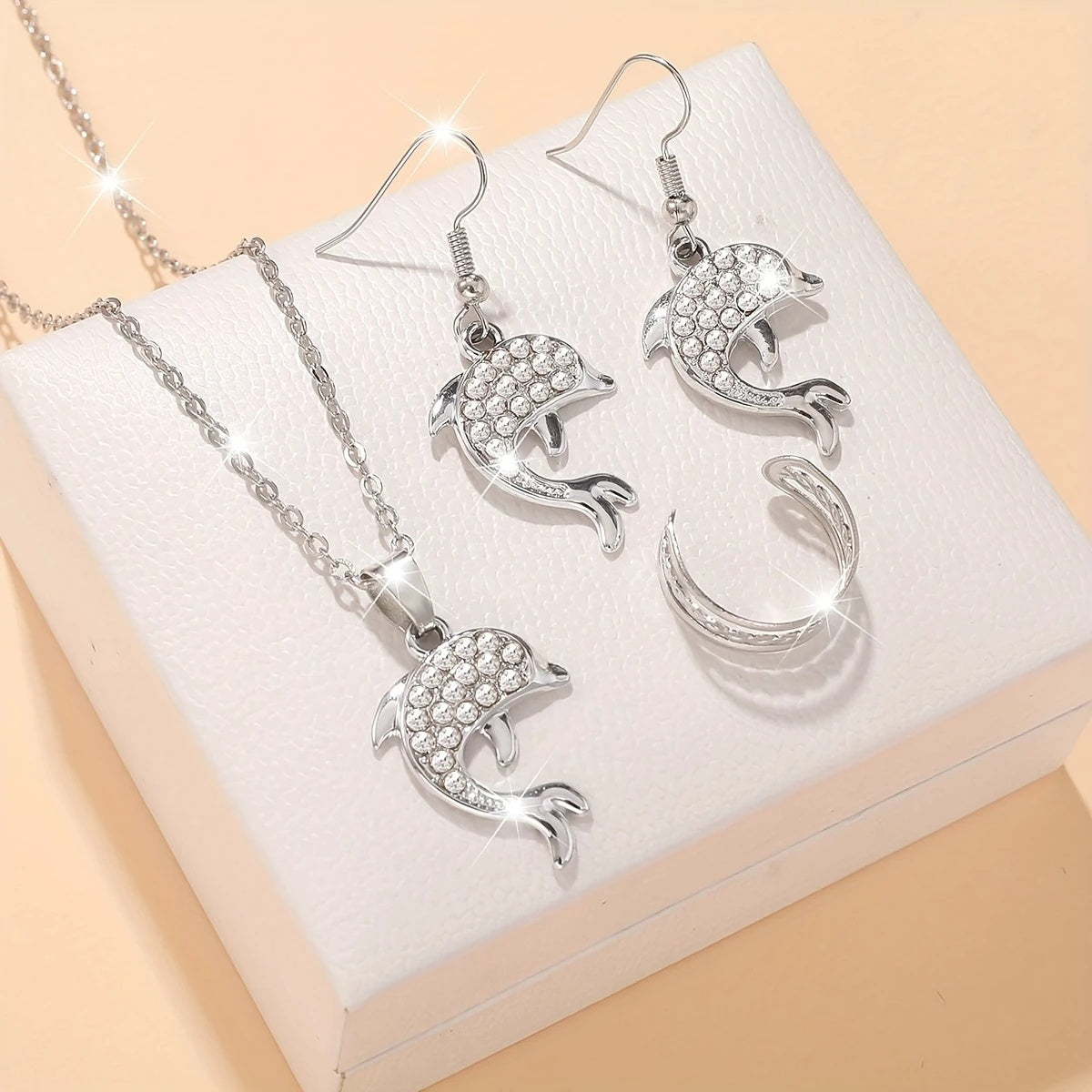 Silverfärgat Smyckeset med Delfiner – Halsband, Örhängen & Ring